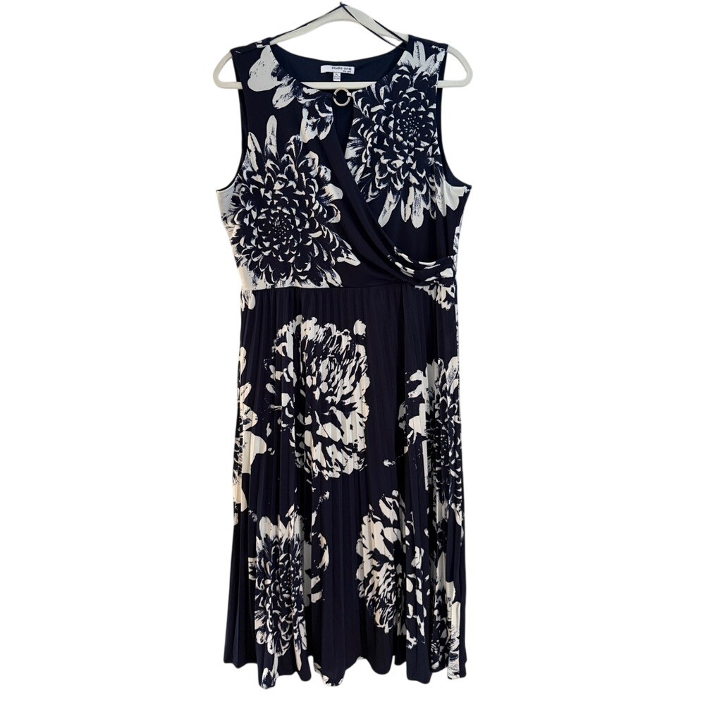 Studio One New York Navy Floral Print‎ Pleated Midi Dress Women's Plus XL